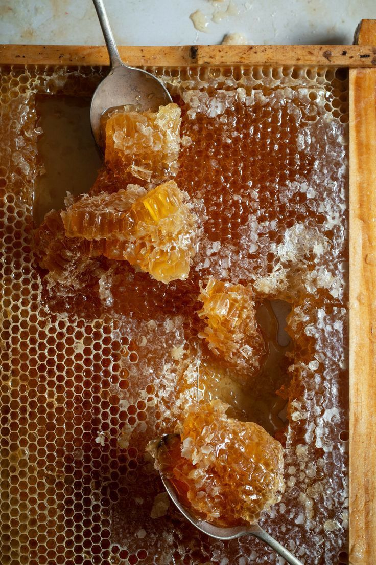Golden beeswax honeycomb on cream linen