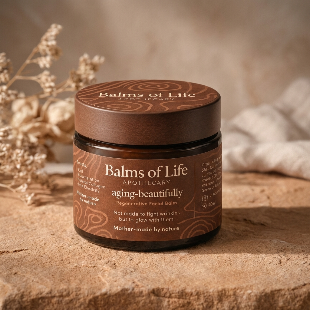 Aging Beautifully balm in a brown Balms of Life Apothecary jar on stone